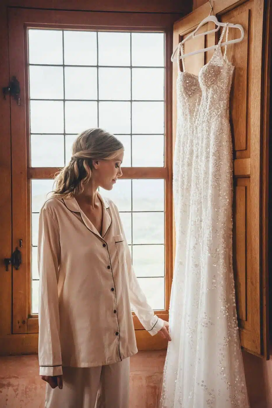 Accueil Mariée près de la fenêtre pendant les préparatifs, robe suspendue